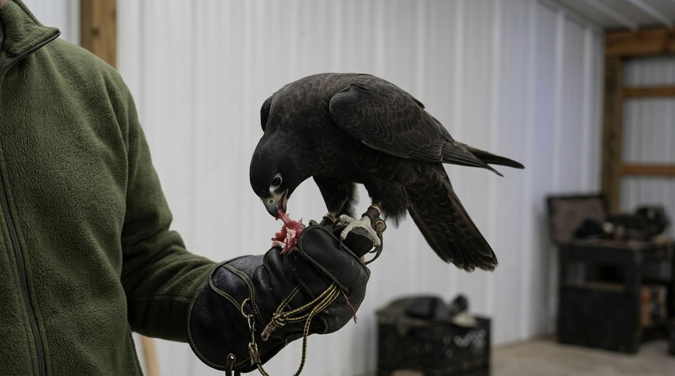 Dark falcon eating from a falconer's gloved fist in the barn — feeder quail for falconry