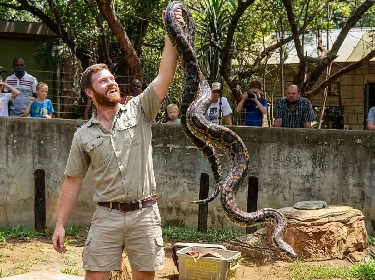 Zoo handler holding a large python during a wildlife education program — wholesale feeder quail for zoos, rehab, and wildlife institutions
