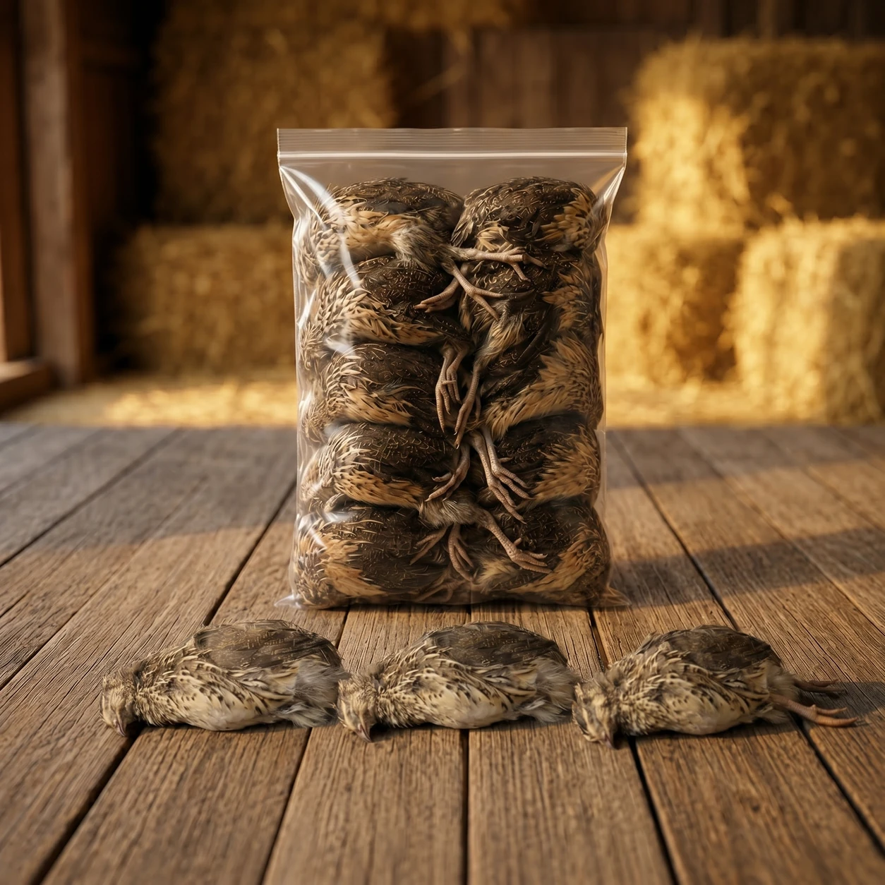 Bag of whole frozen quail, hand-packed by NorthStar Quail